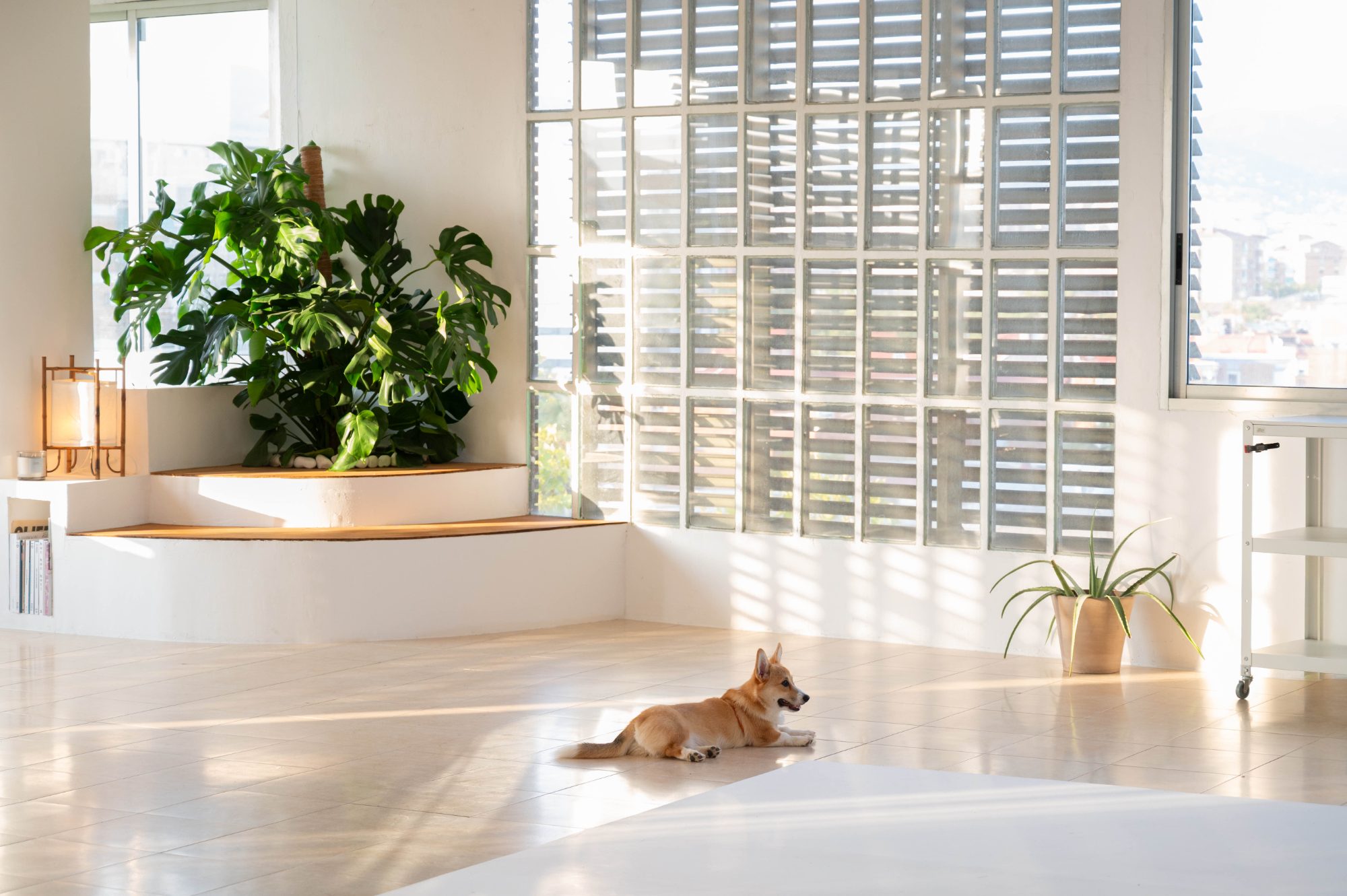 Honey, la corgi de The Office Studio, en un estudio fotográfico con luz natural en Barcelona.